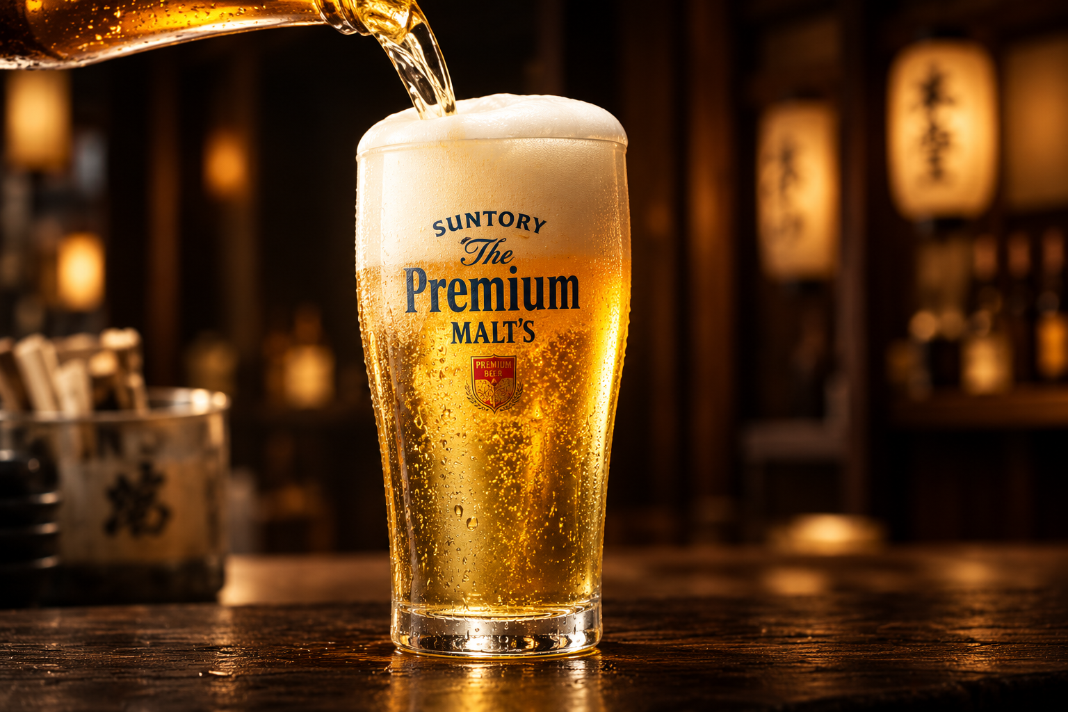 Cold Suntory The Premium Malt's beer being poured into a golden, foamy glass