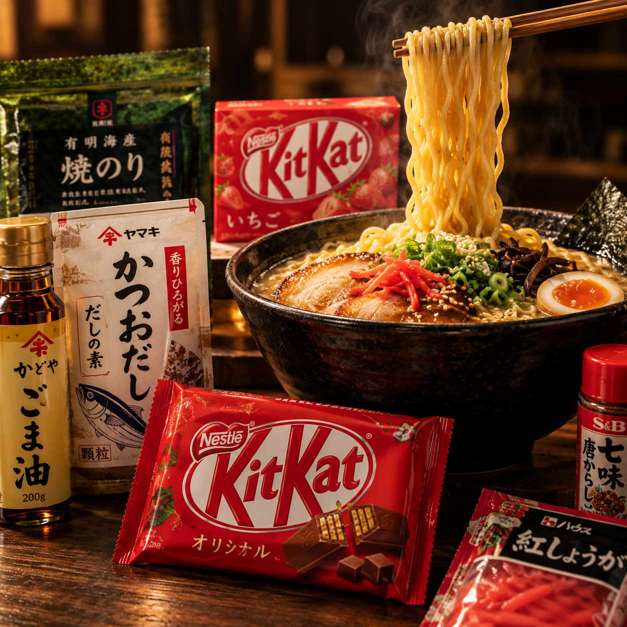 Japanese ramen, KitKat chocolates and pantry essentials on a restaurant counter