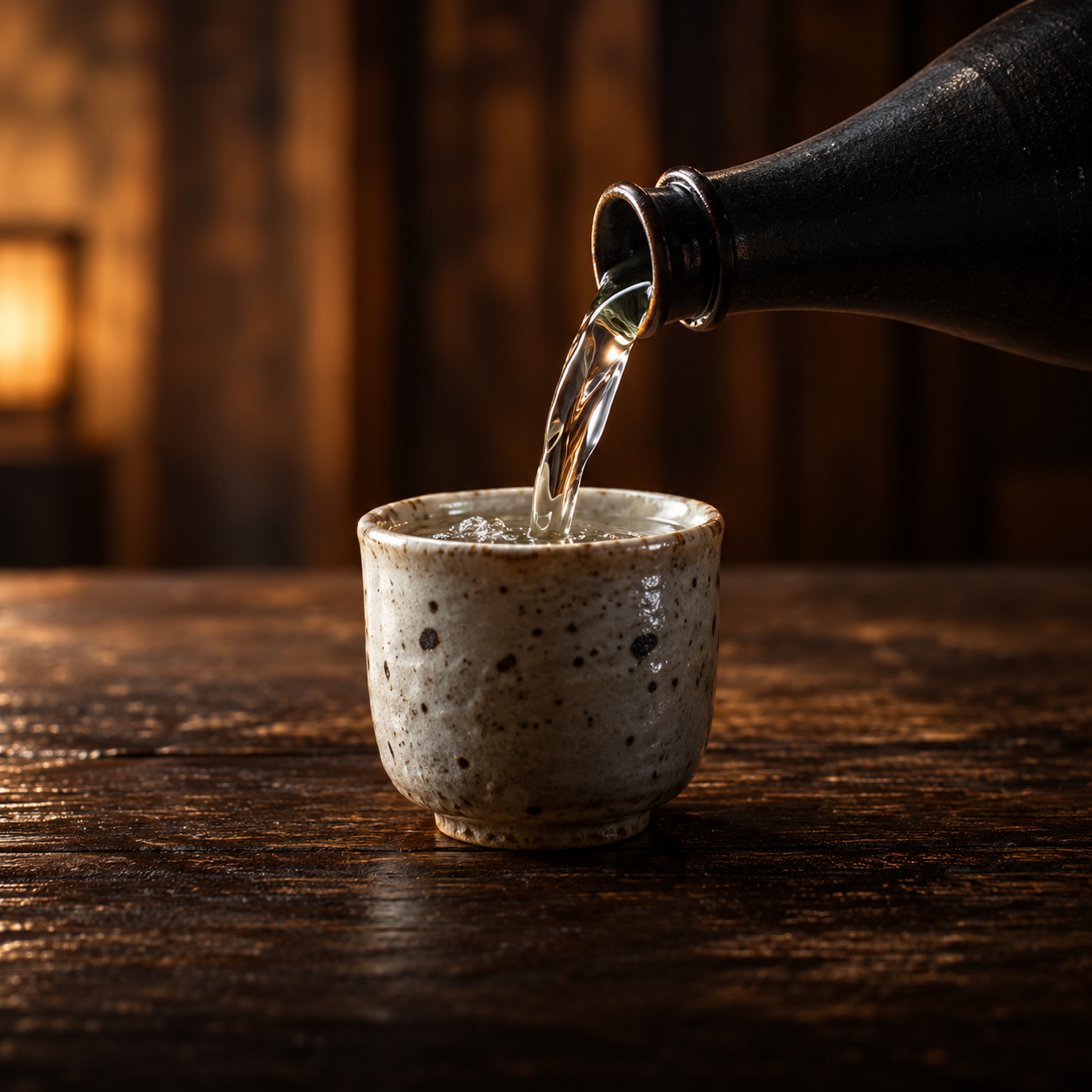 Clear sake poured from a dark ceramic bottle into a textured ivory cup