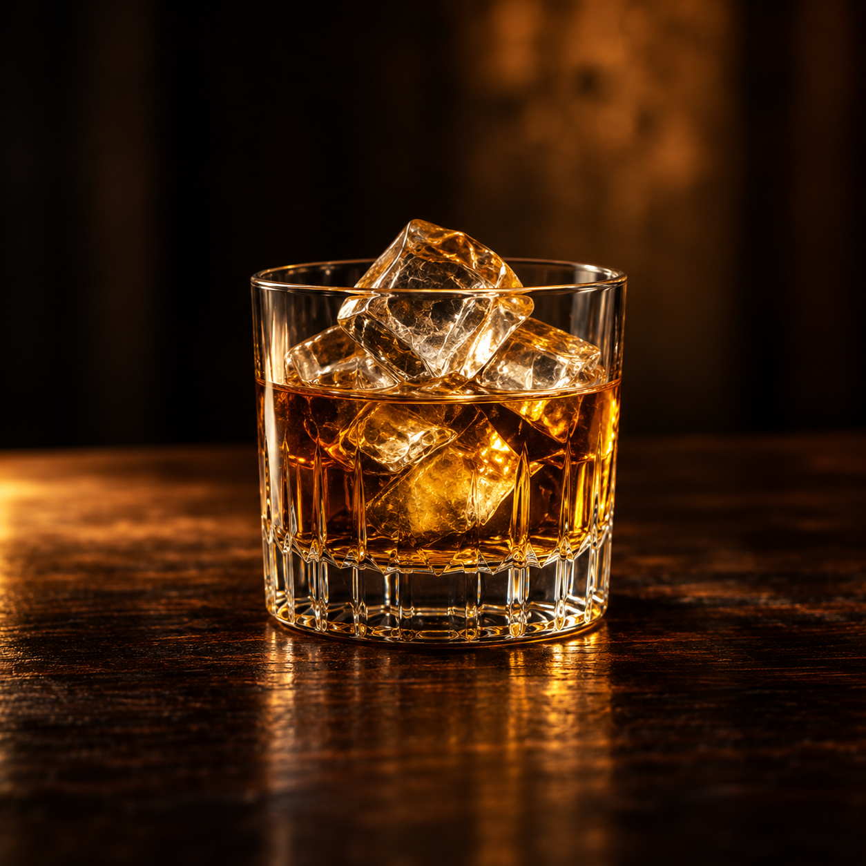 Golden Japanese whisky over clear ice in a crystal tumbler