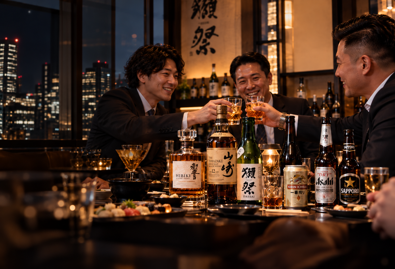 Business partners sharing a toast in a Japanese bar, with Japanese whisky, sake and beer on the table