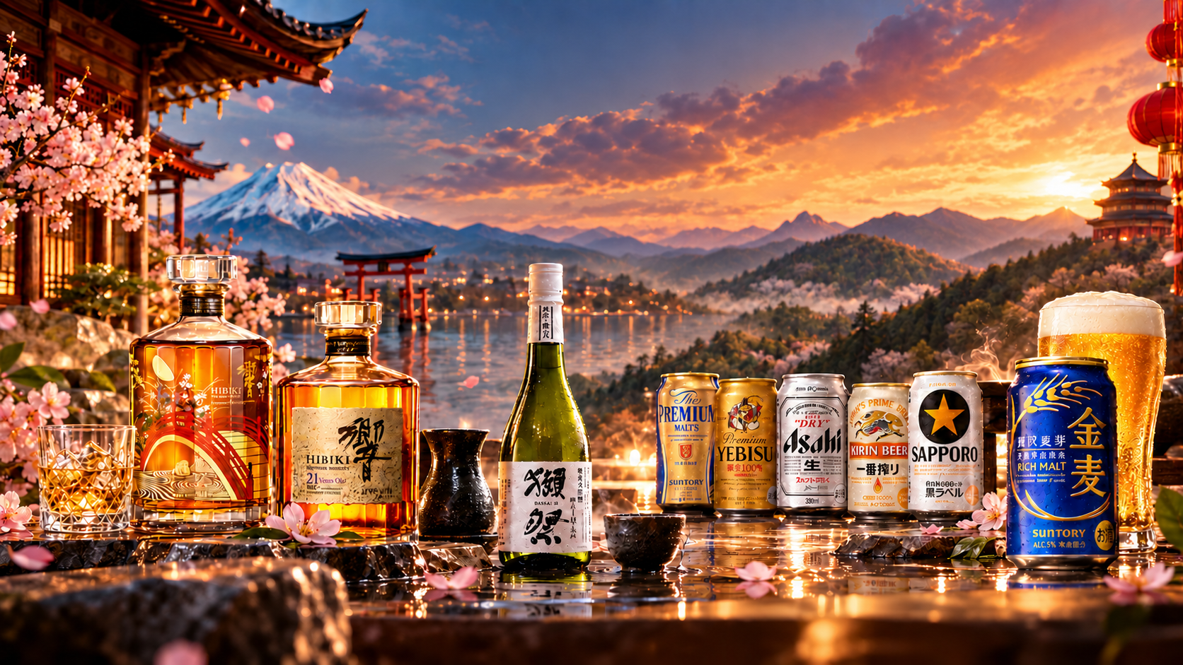 Japanese whisky, Dassai sake and Japanese beer before Mount Fuji, a lakeside torii and wooded Japanese hills