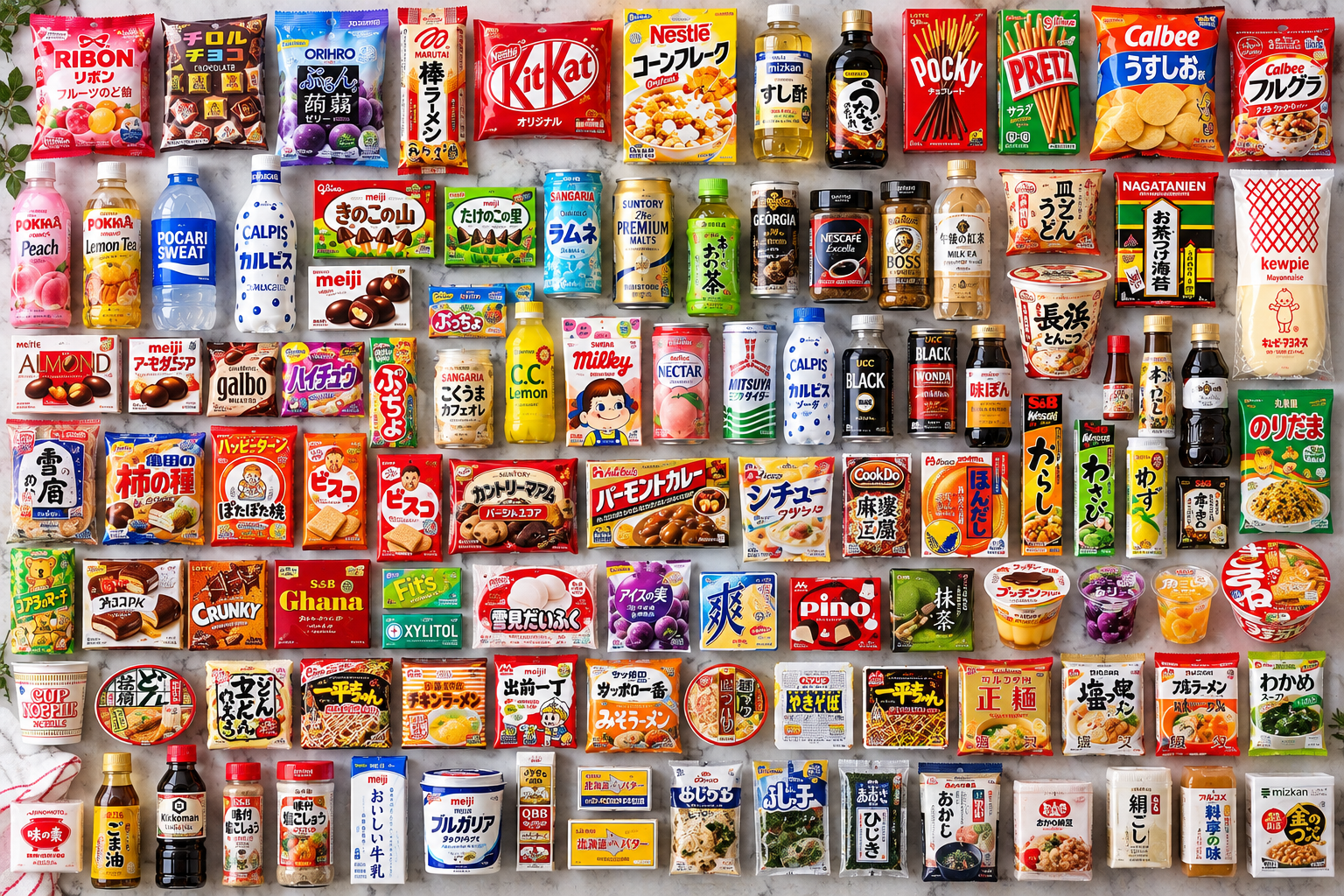Japanese branded food and beverage assortment including Ribon, KitKat, Calbee, Glico, Meiji, Mizkan, Kewpie, Nissin and other pantry, snack and drink selections