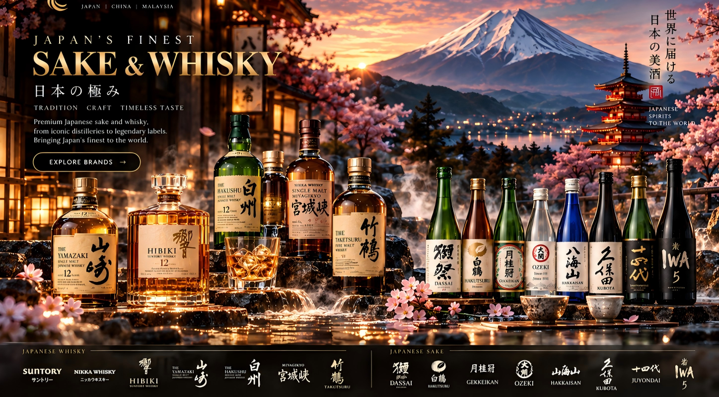 Japanese sake and whisky bottles before Mount Fuji at sunset, framed by cherry blossoms: Yamazaki, Hibiki, Hakushu, Nikka, Miyagikyo, Taketsuru, Dassai, Hakutsuru, Gekkeikan, Ozeki, Hakkaisan, Kubota, Juyondai and IWA